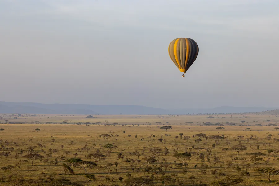 A hot-air balloon above wide savanna plains
